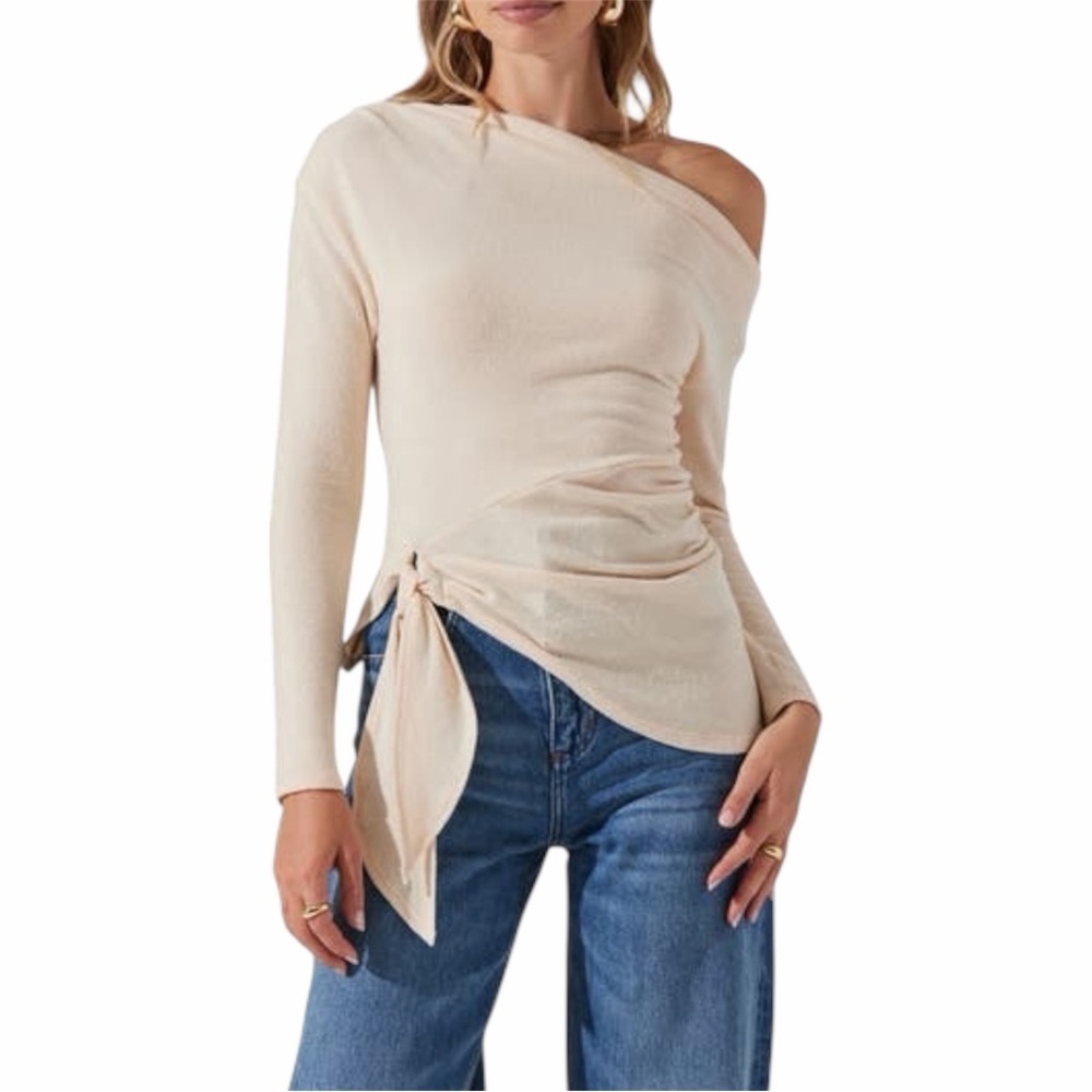 ASTR The Label One-Shoulder Tie Hem Knit Top Cream